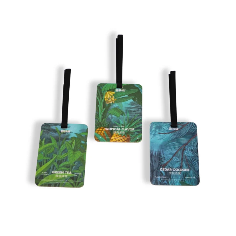 Green Tea botanical air freshener card with leafy design